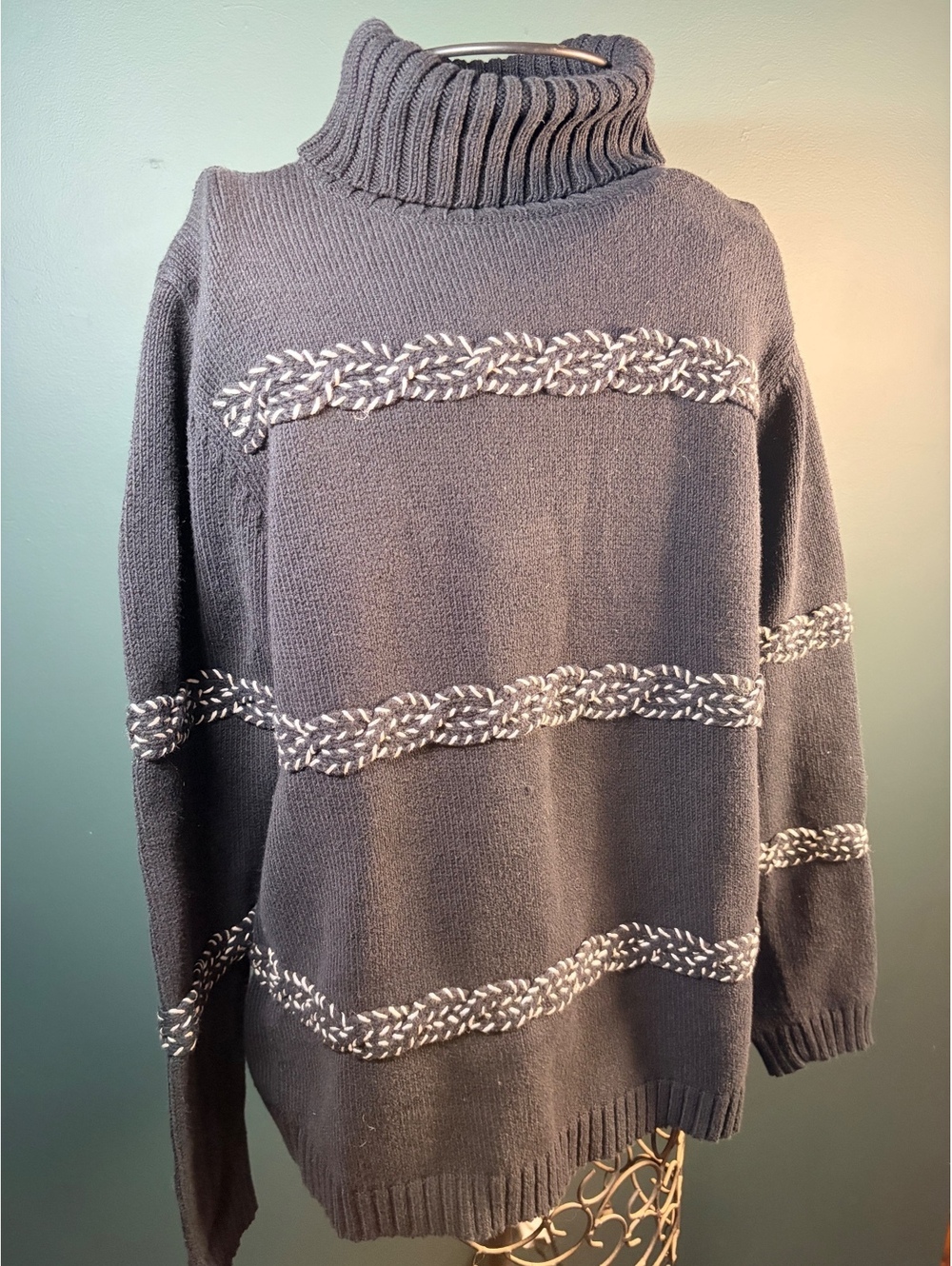 Vintage Liz Claiborne Black Turtleneck Sweater Embroidered Striped Knit Medium M